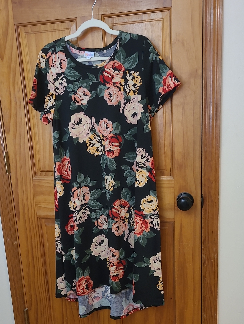 LuLaRoe Black Midi Dress with Red, Pink & Yellow Floral Print